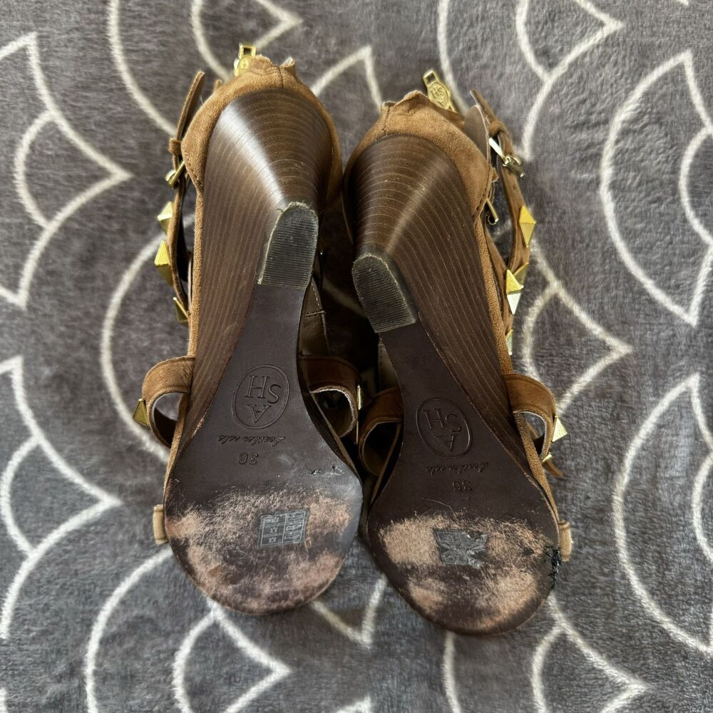 ASH Brown Suede Fringe Studded Leather Gladiator Studded Sandal Heels Sz 36 - Picture 10 of 16